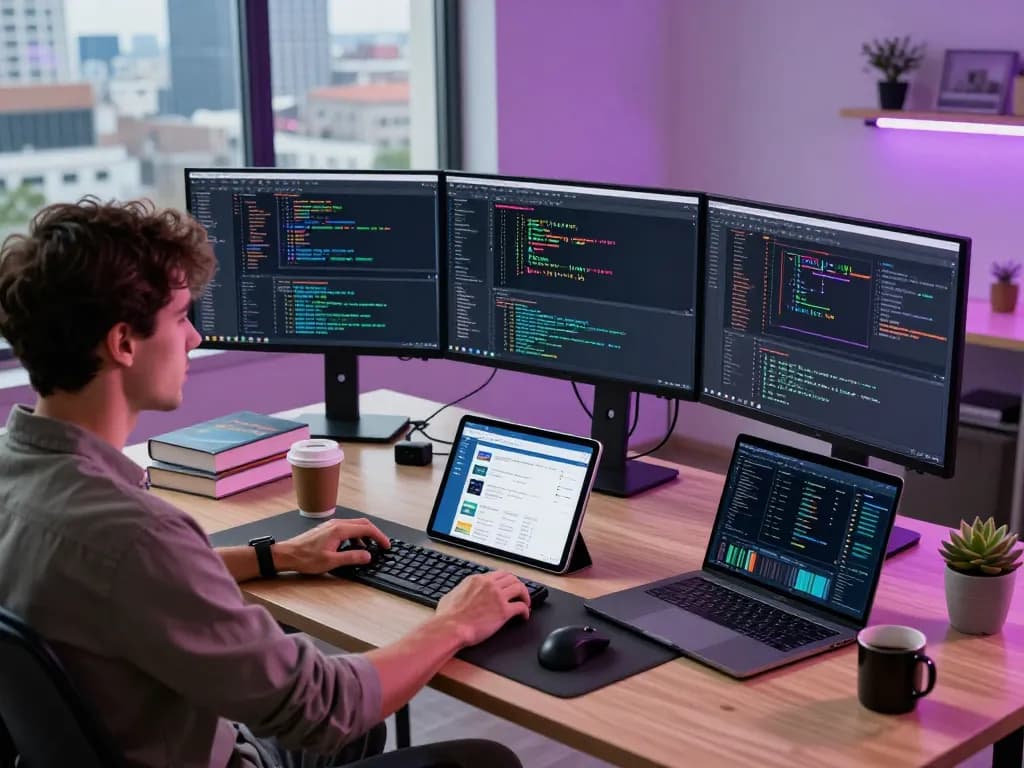 Innovative workspace showcasing hbet development with multiple screens and tech elements.