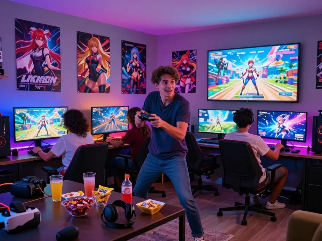 Friends enjoying hentai games in a modern gaming room with vibrant lighting.