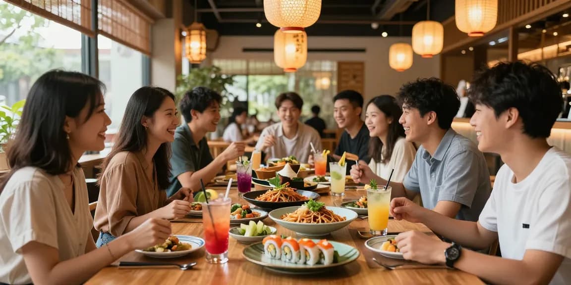Friends enjoying a vibrant meal at RED88 restaurant with Asian fusion dishes and craft cocktails.