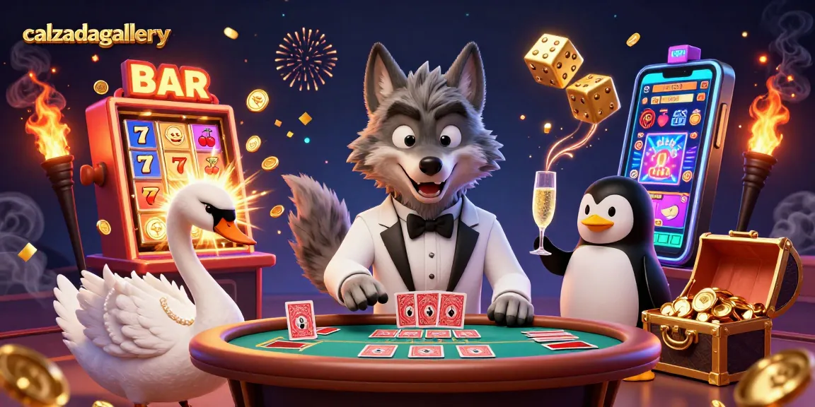 calzadagallery showcases a vibrant casino scene with a debonair wolf, swan dealer, and penguin sommelier.