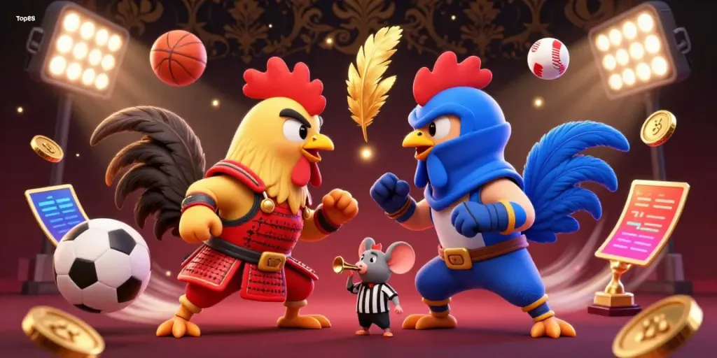Experience thrilling action with Top88 as battling roosters take center stage in this dynamic illustration.