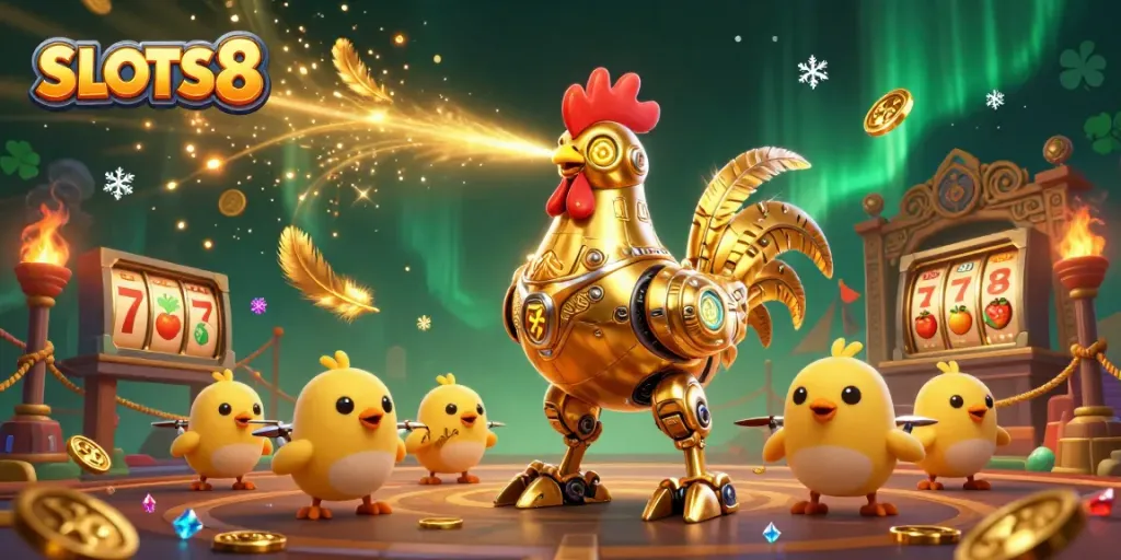 Experience the thrill of SLOTS8 with this detailed casino-themed illustration featuring a golden rooster robot.