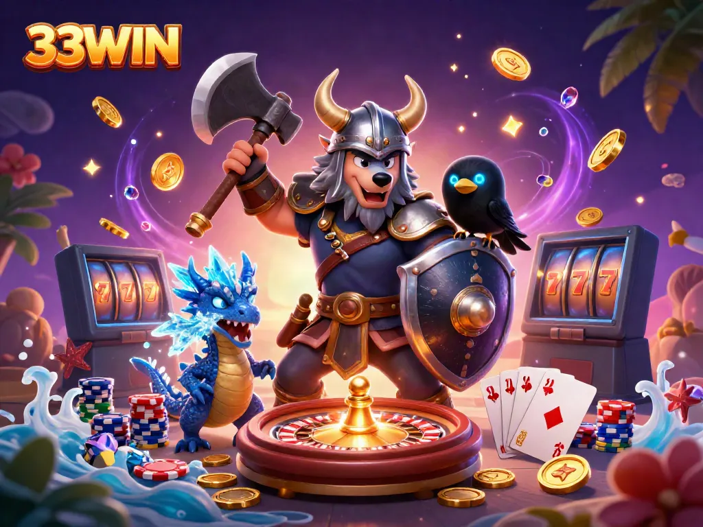 Engaging scene featuring 33WIN with cartoon characters, cascading coins, and a roulette wheel.