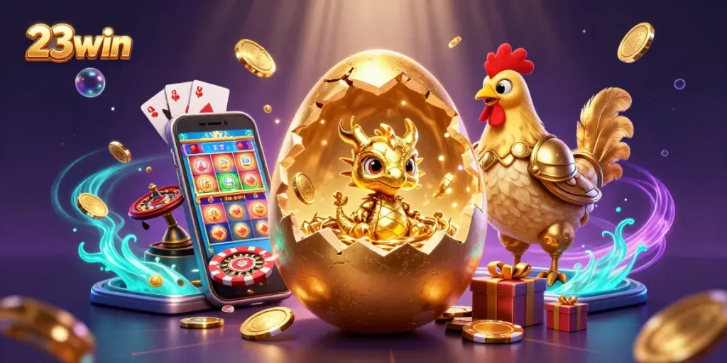Experience the thrill of 23win with a golden dragon surrounded by slot games and poker chips.