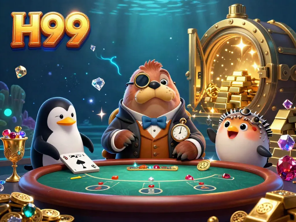 Experience thrilling gameplay at H99, featuring a jolly walrus and colorful casino elements in an underwater setting.