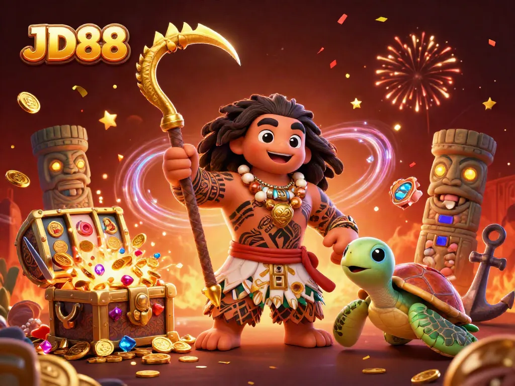 Engage in thrilling JD88 slot adventures with a dynamic gaming scene featuring colorful treasures and characters.