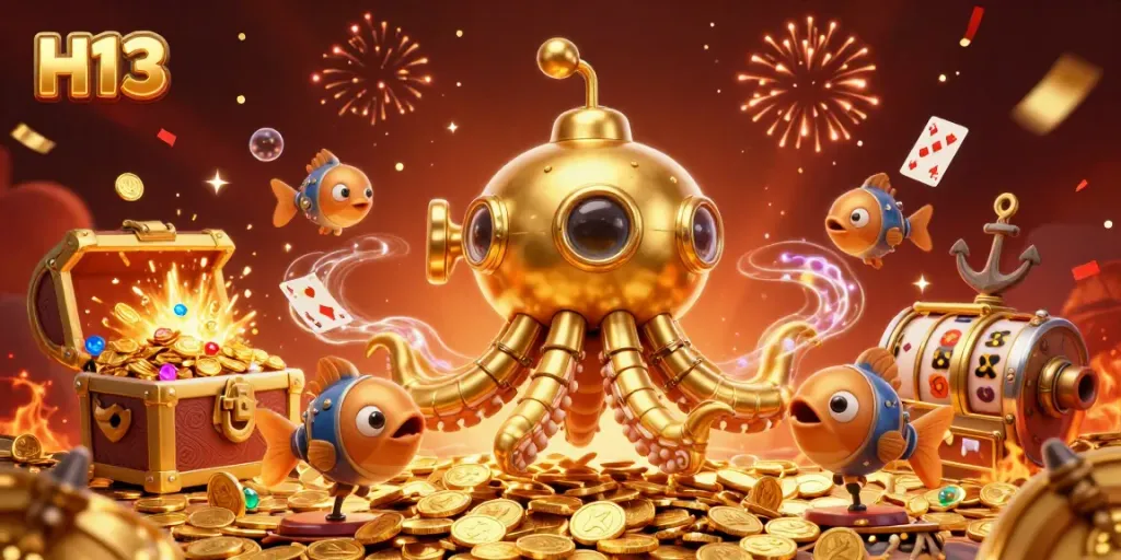 Experience the thrill of H13 casino with the kraken submarine and treasure elements in a vibrant sea of gold.