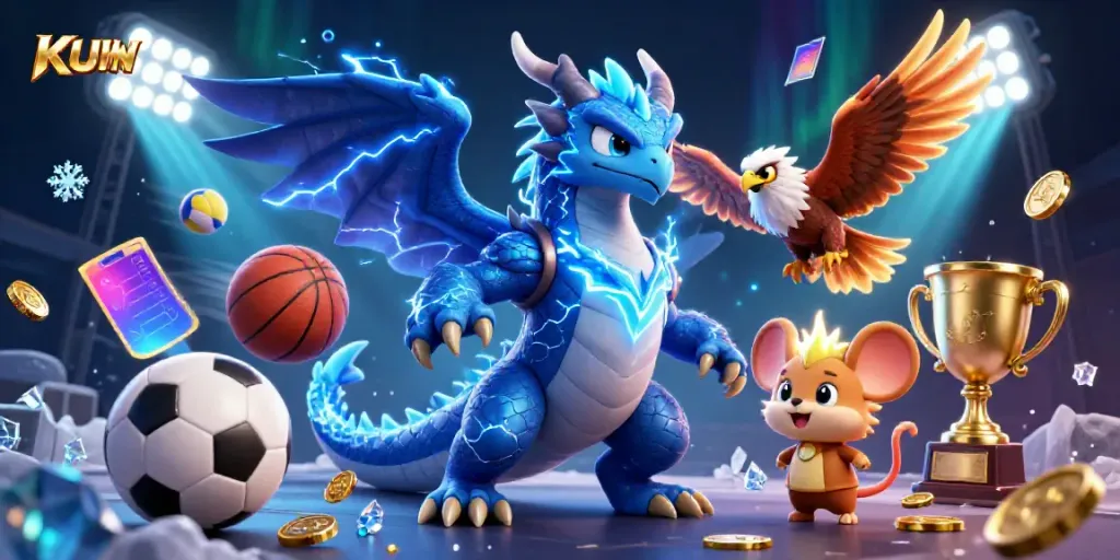 Bet on KUWIN with a thrilling dragon and dynamic sports elements in a stunning 3D illustration.