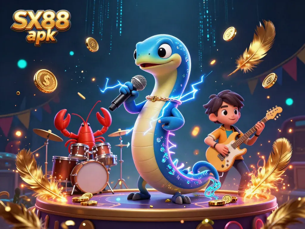 Experience the vibrant underwater casino scene featuring SX88 apk with electric eel DJ and performers.