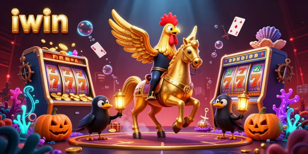 Engage with iwin's vibrant casino scene featuring a golden rooster and colorful slot elements.