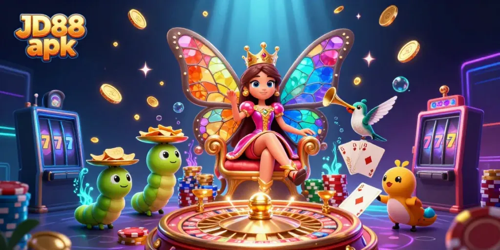 Experience JD88 apk with vibrant 3D casino visuals featuring a butterfly queen and dynamic gambling elements.