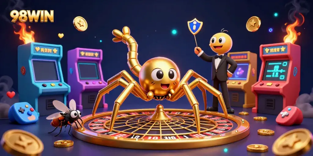 Experience thrilling bets with the dynamic scene of 98WIN's golden web roulette and game elements.