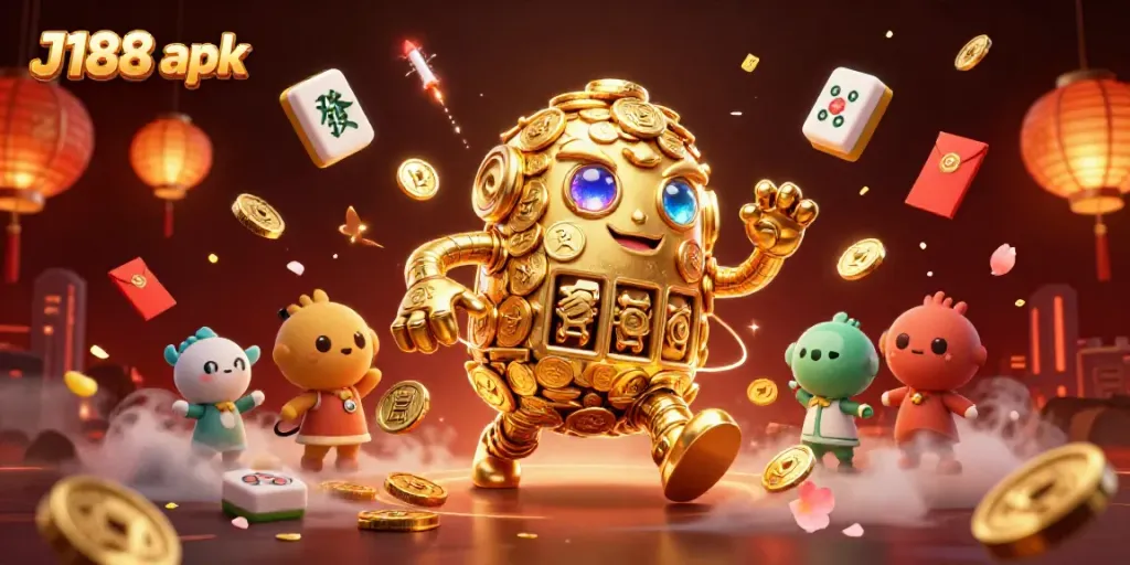 Experience the thrill of J188 apk with captivating slot machine elements and gold coins swirling around a dynamic golem.