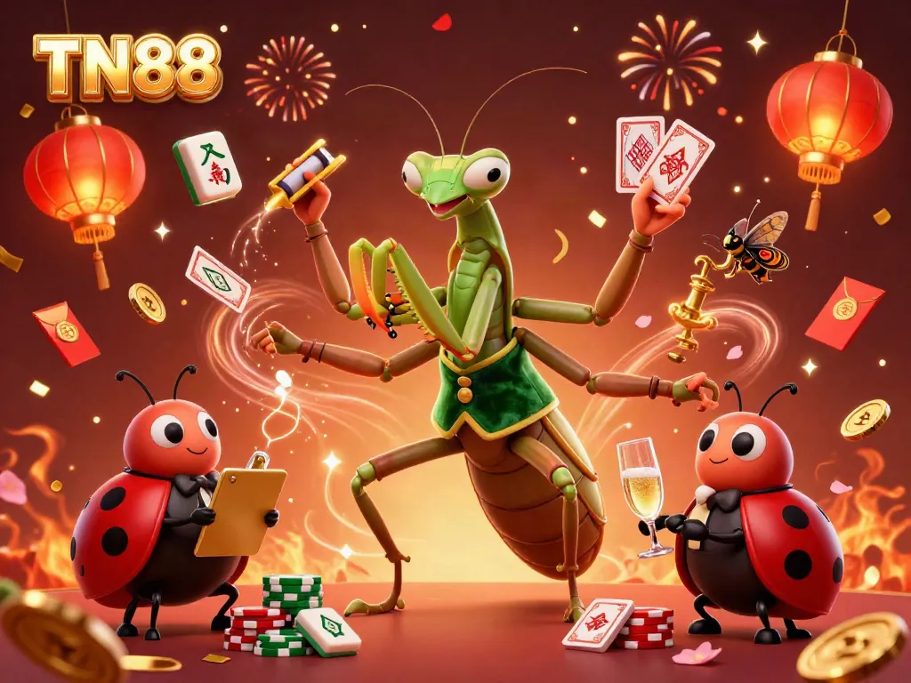 Engage with TN88's vibrant casino world as a giant praying mantis and ladybug interact amid festive gambling elements.