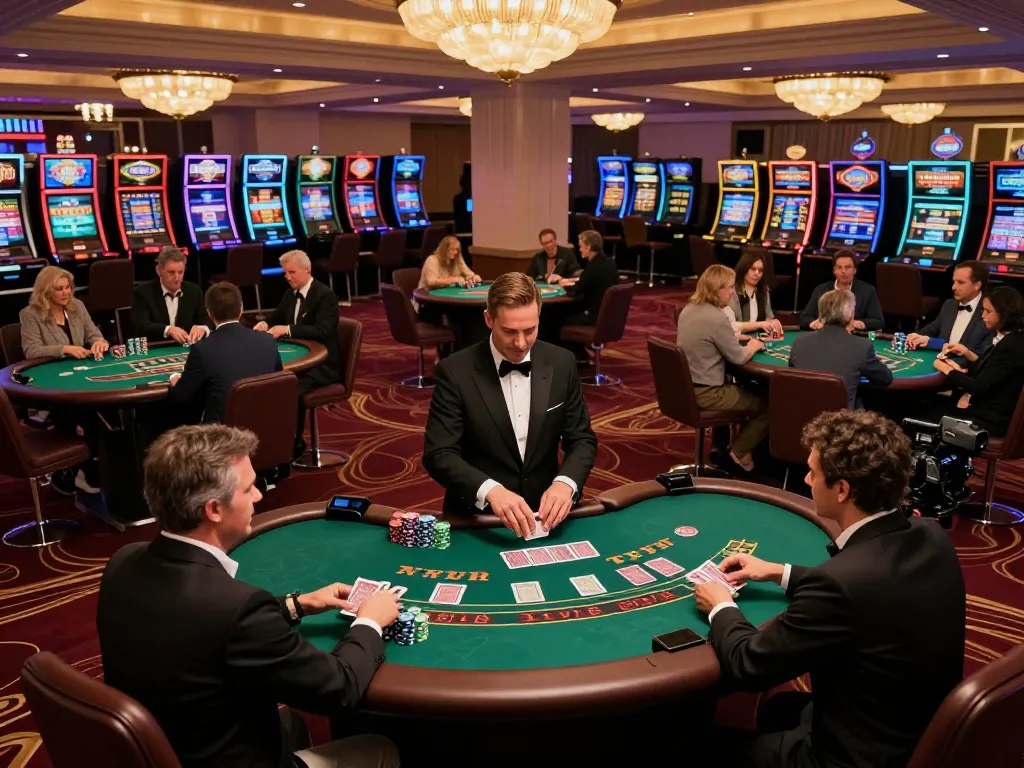 Focus on players at blackjack tables at luck8 com, showcasing excitement and strategic gameplay in a vibrant casino floor.