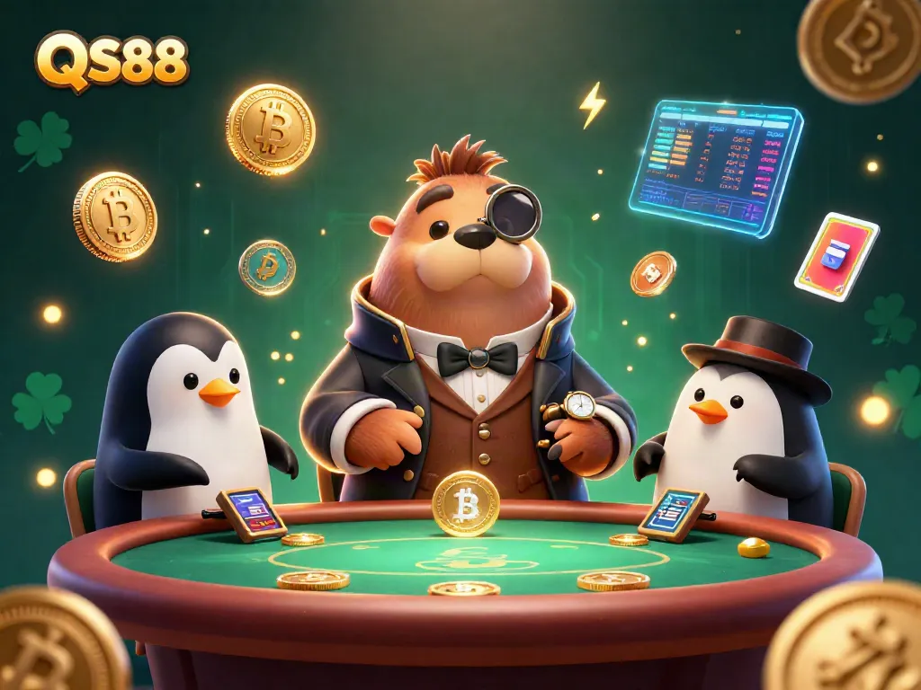 Experience the excitement of QS88 with a jolly walrus at an underwater poker table surrounded by crypto elements.
