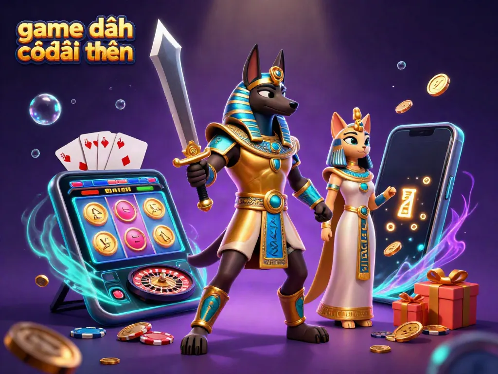 Engage in thrilling game đánh bài đổi thưởng with vibrant visuals of Anubis and Bastet in a rich casino setting.