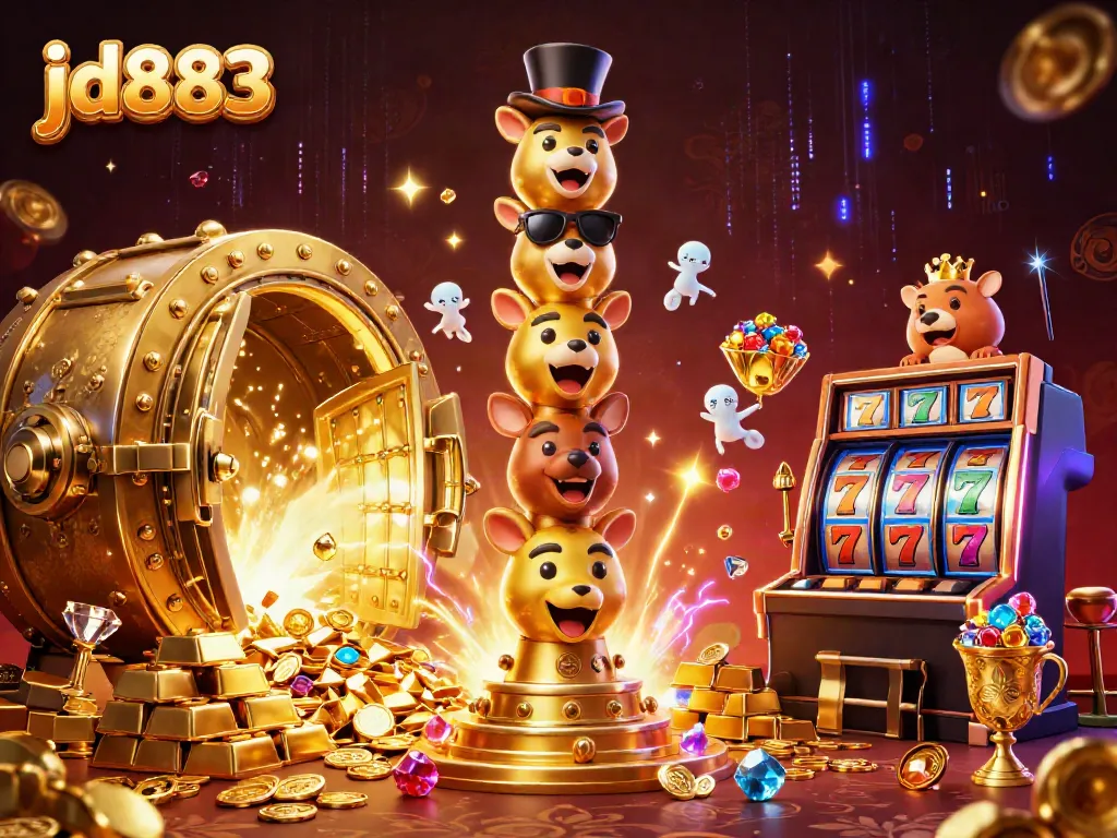Experience the thrill with jd883 as a vibrant totem stack brings luck in this casino-themed illustration.