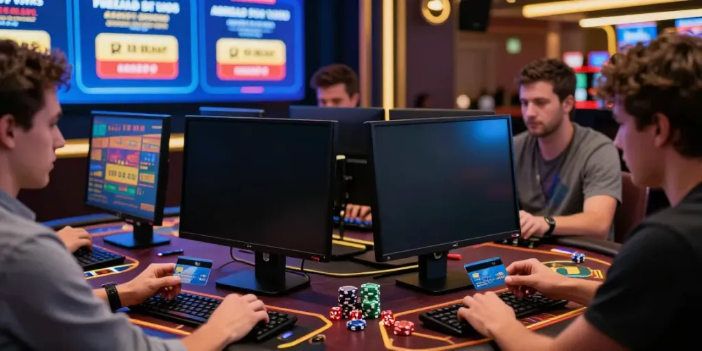 The online gaming experience at AMEX casinos showcasing players using American Express credit cards at vibrant gaming stations.