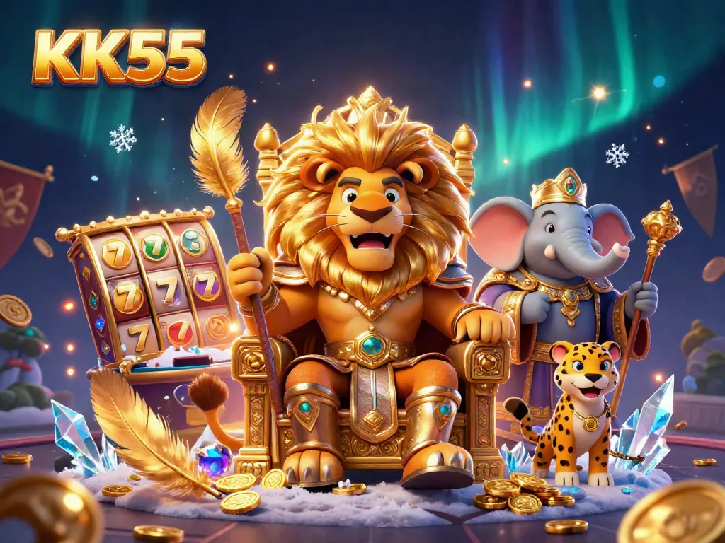 Win big with KK55 in a dynamic casino scene featuring a lion king, elephant advisor, and cheetah messenger.