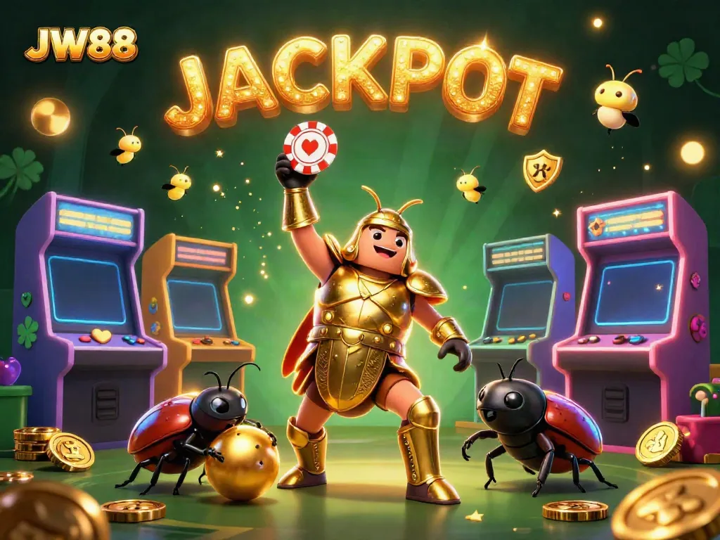 JW88 showcases an exciting victory scene with a cartoon beetle lifting a poker chip, representing a vibrant casino atmosphere.