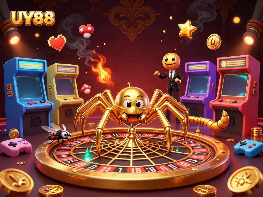 Place bets with UY88 in a vibrant 3D casino scene featuring engaging game elements.