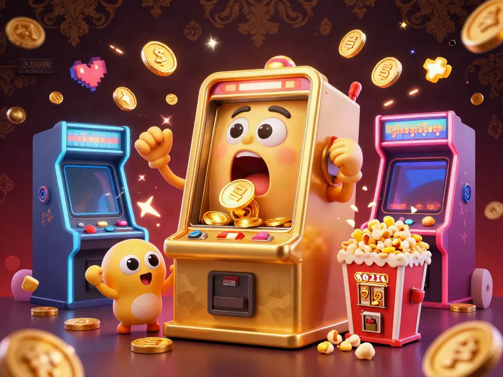 33WIN golden slot machine hitting the jackpot, surrounded by cheering smaller machines, and arcade elements.