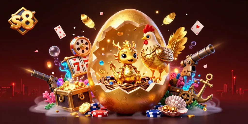 Engage with thrilling action at s8, where a golden dragon baby sits amid treasures, slot reels, and poker chips.