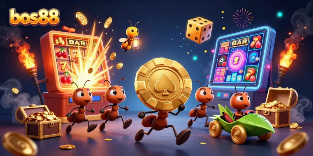 Engage with bos88's thrilling heist feature, showcasing cartoon ants and golden casino elements