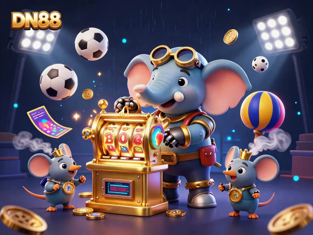 Engage with DN88's exciting gaming world through a cartoon steampunk scene featuring unique characters and vibrant casino elements.