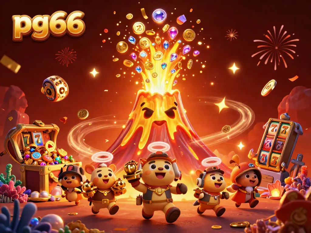 Experience thrilling gameplay with pg66 as a golden volcano erupts coins and treasure in a vibrant casino scene.