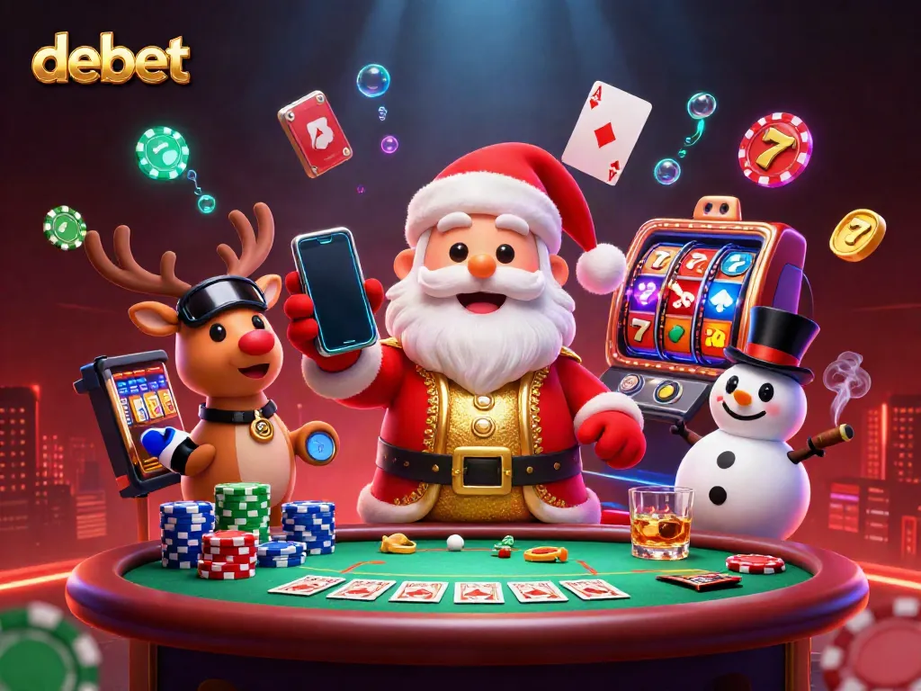 Experience the thrill of debet casino games with a vibrant scene featuring Santa and friends amidst jackpots.