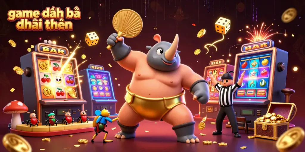 Experience the excitement of game đánh bài đổi thưởng with a vibrant casino scene featuring a beetle sumo champion, slot machines, and flying coins.