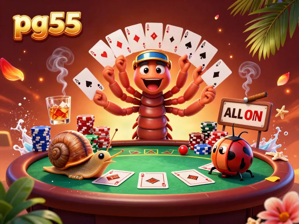 Experience the excitement of pg55 casino games with a vibrant scene of a millipede dealer, chip stacks, and poker elements.