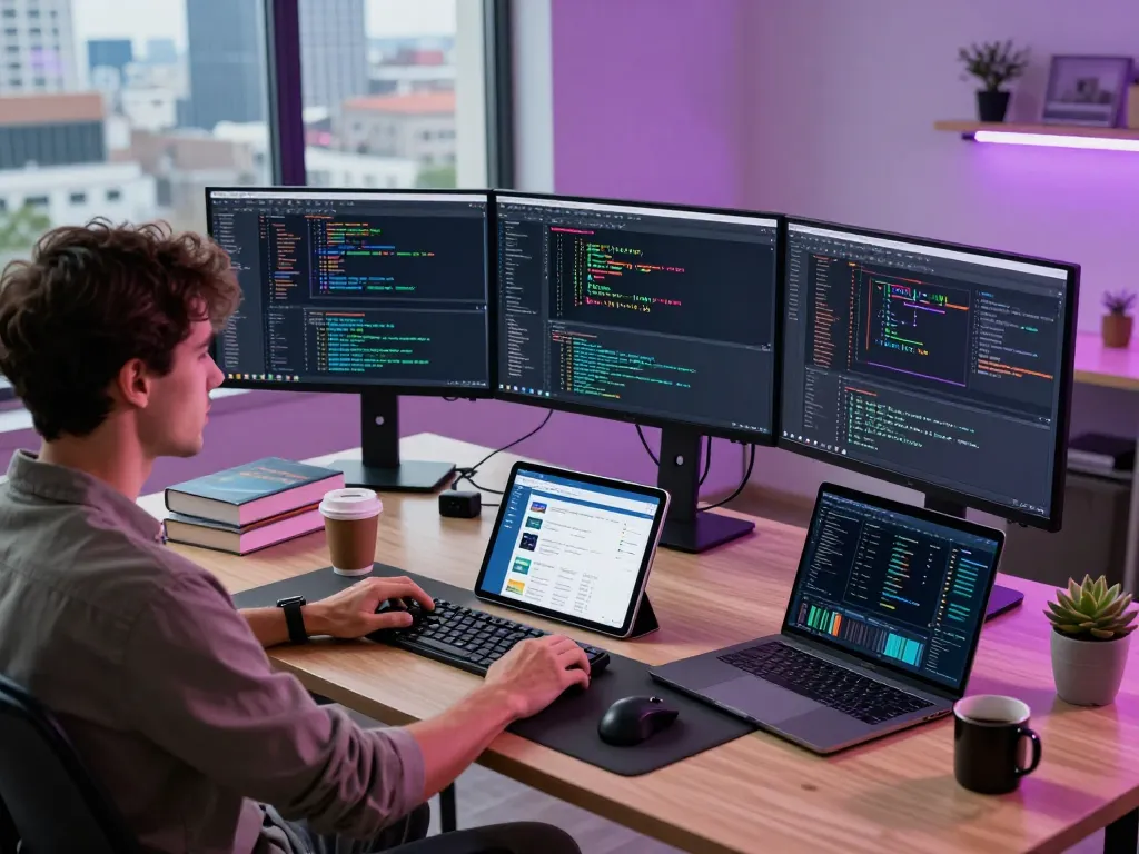 Innovative workspace showcasing hbet development with multiple screens and tech elements.