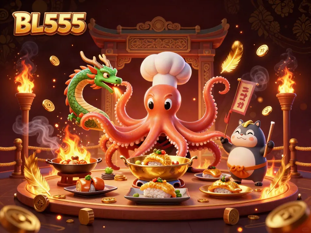 Engage in thrilling gameplay at BL555 with an octopus chef and dragon in a vibrant casino scene.