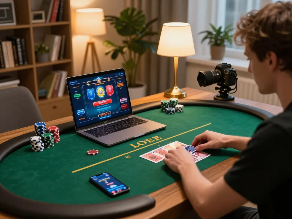 Engaging in an online poker game at home using mb 66 laptop with chips around