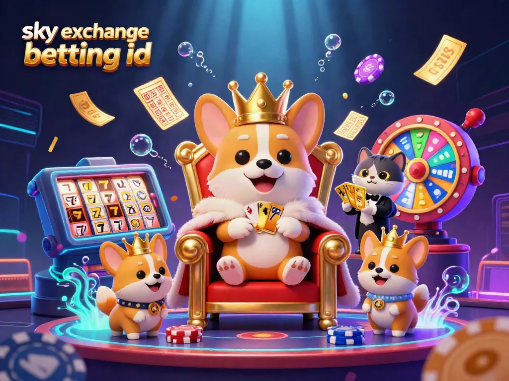 Depicting an enchanting scene of the sky exchange betting id with a royal corgi, surrounded by slot reels and colorful game elements.