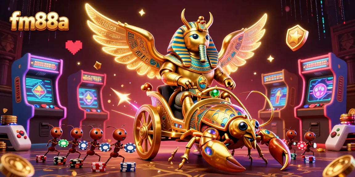 Experience the thrilling world of fm88a with a vibrant 3D casino illustration showcasing an epic golden scarab and scorpion chariot.