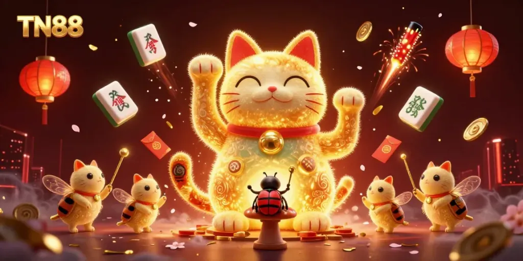 Experience the excitement of TN88 with this vibrant, animated casino scene featuring a lucky cat surrounded by festive decorations.
