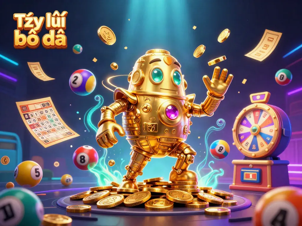 Engaging scene depicting Tỷ lệ bóng đá elements in a dynamic 3D illustration, showcasing colorful lottery balls, golden tickets, and a golden golem.