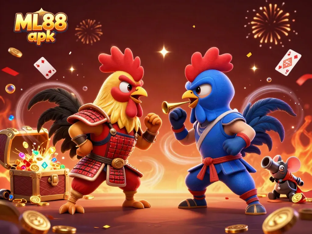 Engage in exciting gameplay with ML88 apk, featuring dynamic roosters in a fierce battle with gold treasures.