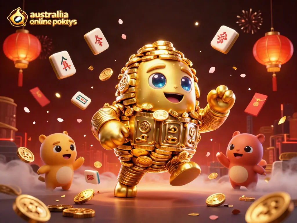 Engage with the vibrant scene of australia online pokies featuring a golden golem and dynamic casino elements.