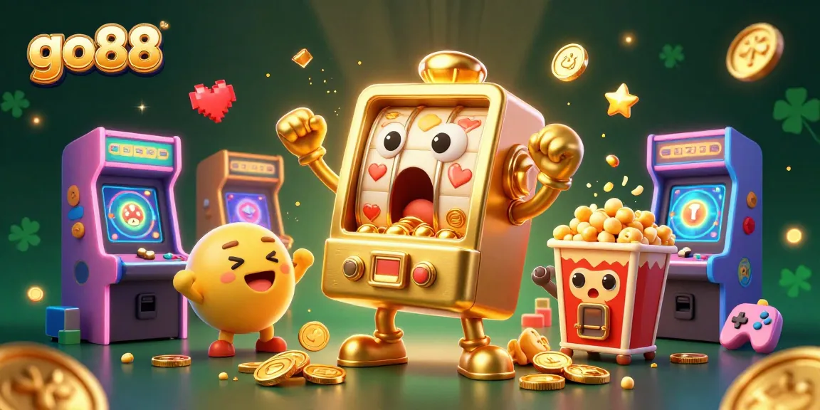 go88's thrilling jackpot scene featuring a golden slot machine with coins exploding forth, amidst colorful arcade elements.
