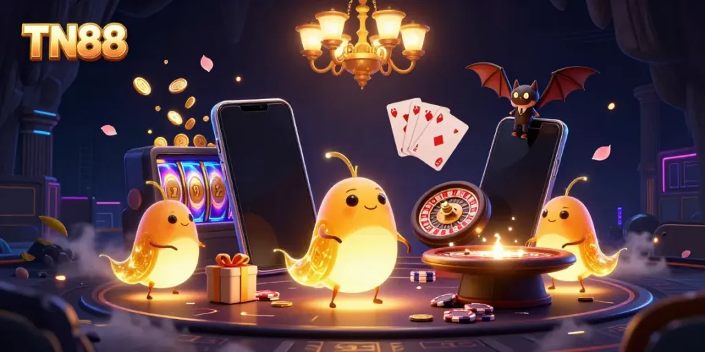 Experience dynamic gaming action at TN88 with glowing glowworms illuminating a vibrant casino scene.