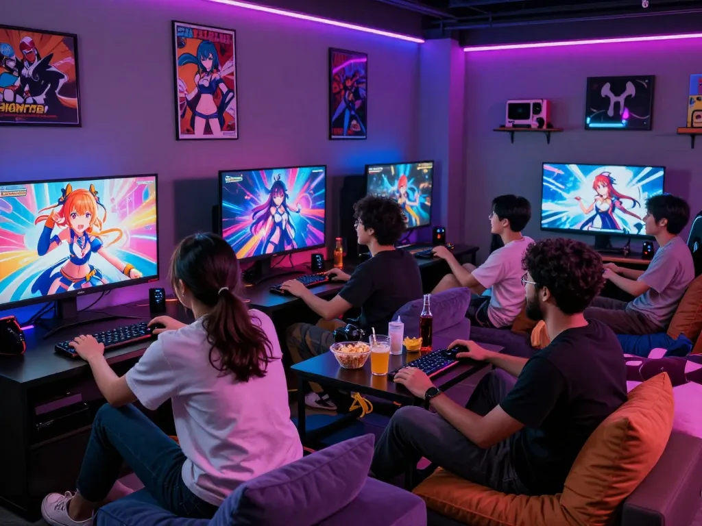 Friends enjoying a hentai game in a vibrant gaming lounge, showcasing colorful characters and lively atmosphere.