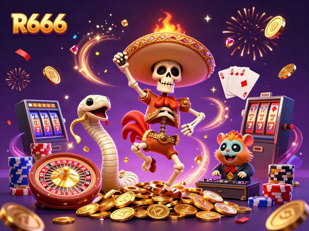 Experience R666 excitement with a vibrant casino scene featuring a jubilant mariachi skeleton and festive elements.