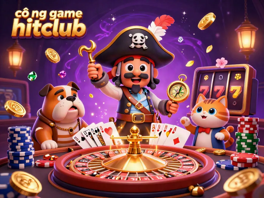Cascading coins and vibrant characters in a lively 3D casino scene for cổng game hitclub