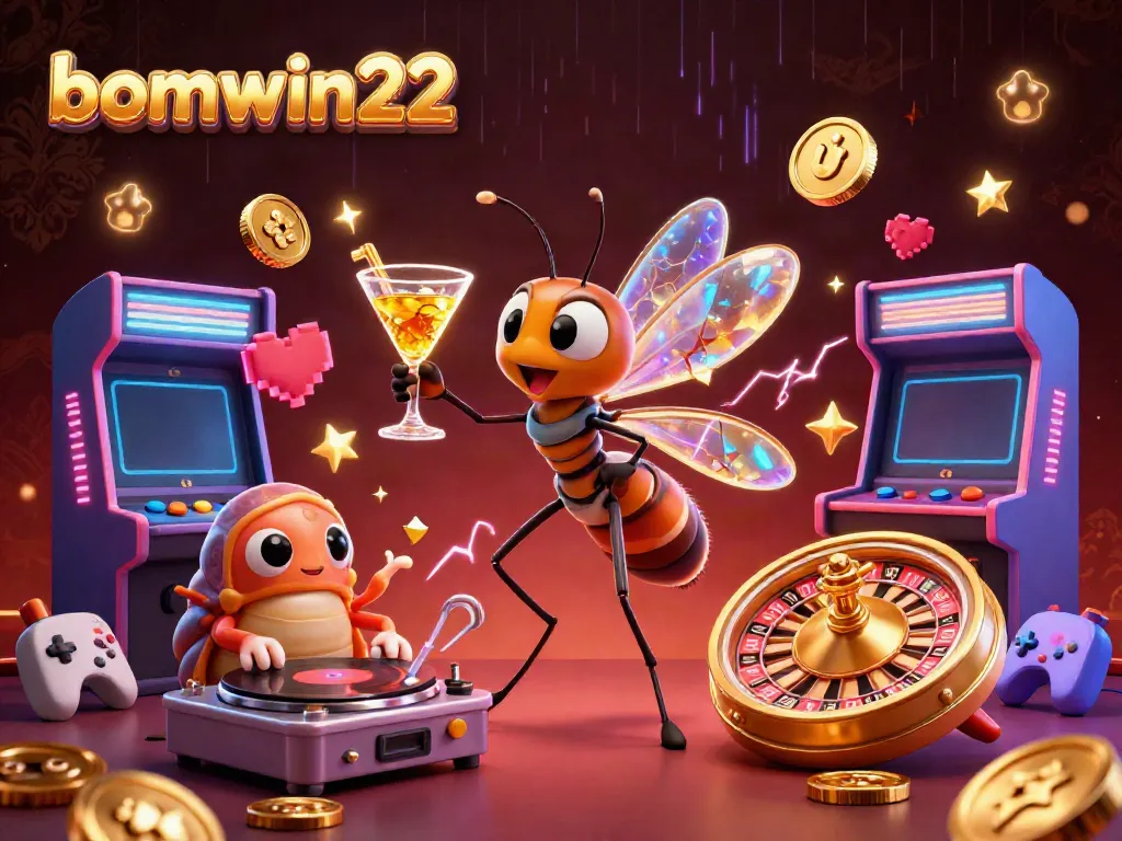 Bets and spins in bomwin22 with a vibrant 3D casino scene showcasing unique creatures and games.