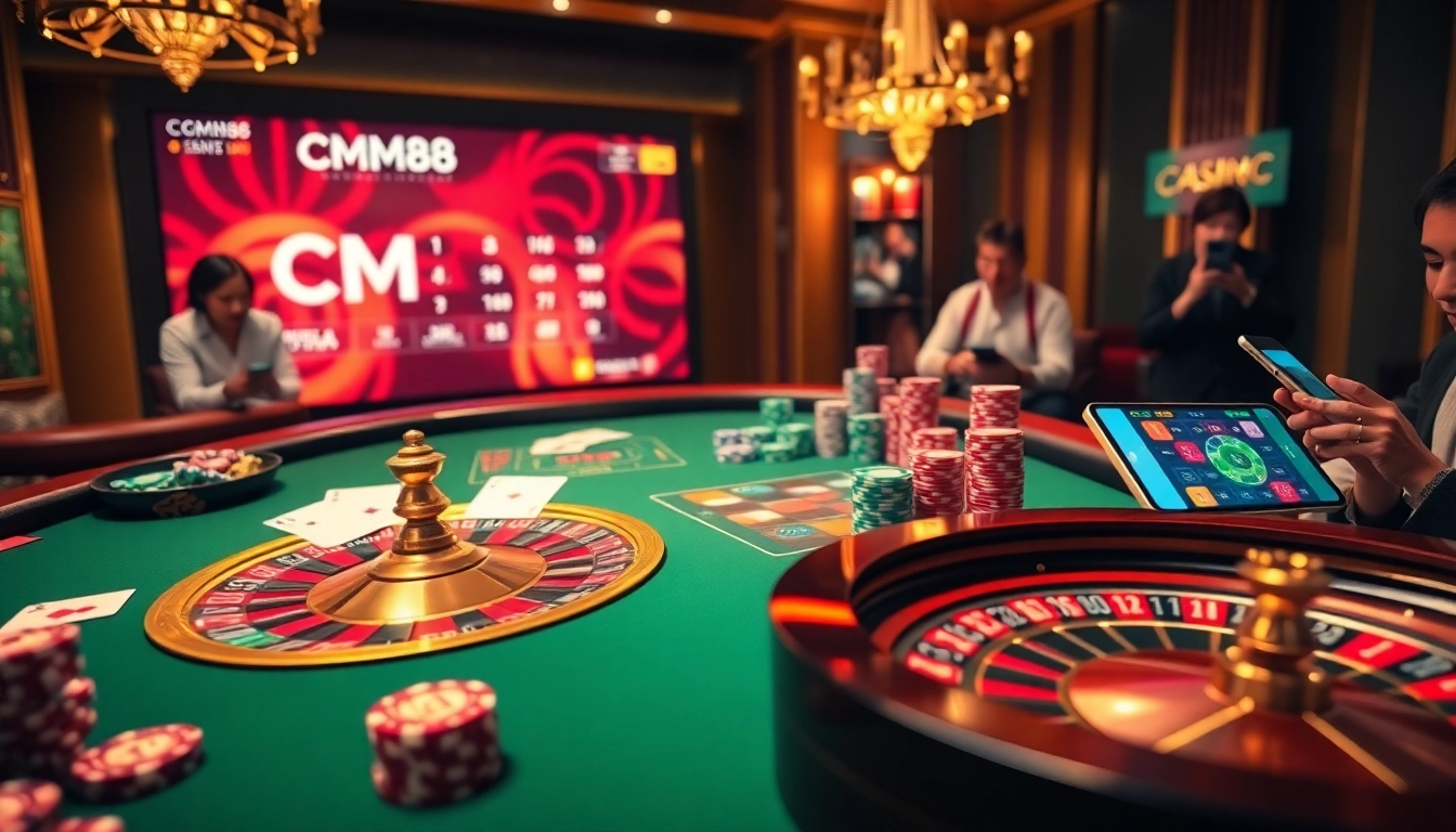 Players engaging in thrilling games at CM88 online casino, featuring roulette wheels and poker chips.